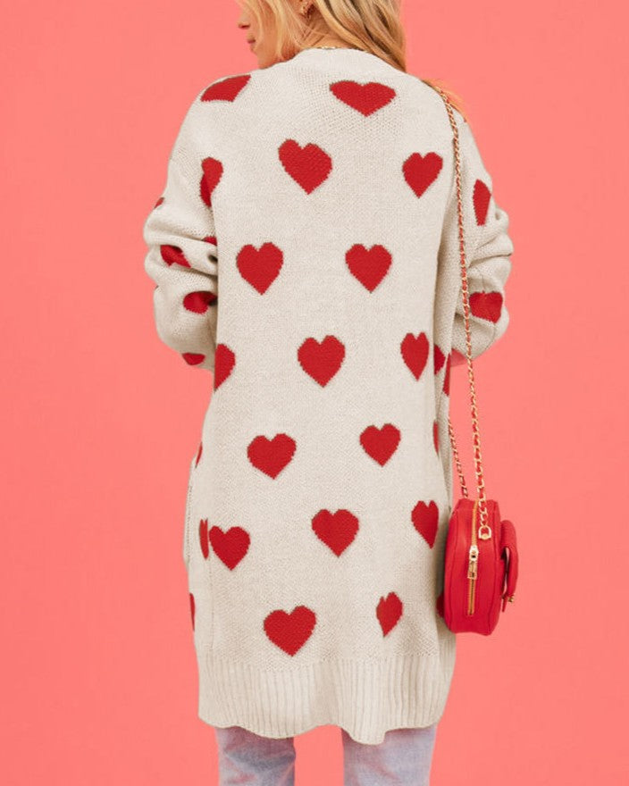 Longline Open Front Heart Knit Cardigan - Apricot - 2