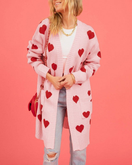 Longline Open Front Heart Knit Cardigan - Pink