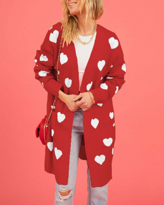 Longline Open Front Heart Knit Cardigan - Red