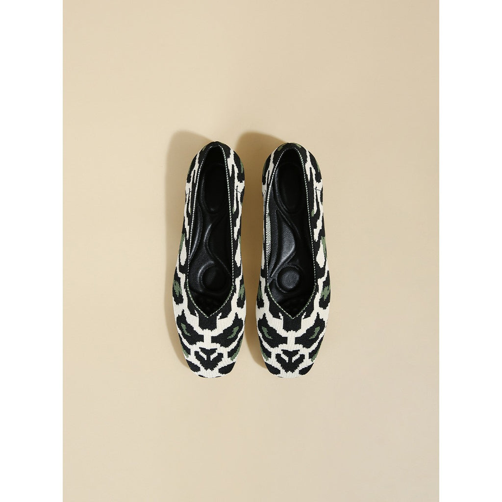 Soft Knit Square Toe Ballet Flats - Green Leopard