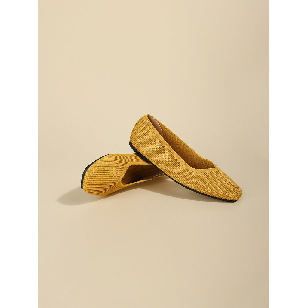 Soft Knit Square Toe Ballet Flats - Mustard