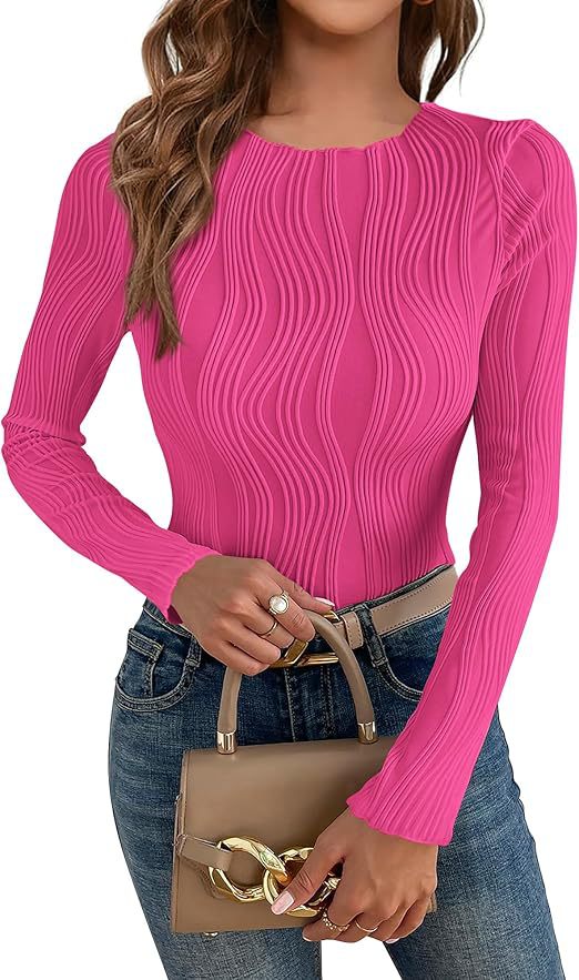 Wavy Rib Slim Fit Long Sleeve Tee - Rose_red