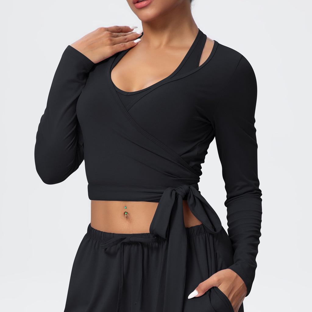 Cropped Long Sleeve Wrap Top with Waist Tie - Black - 1