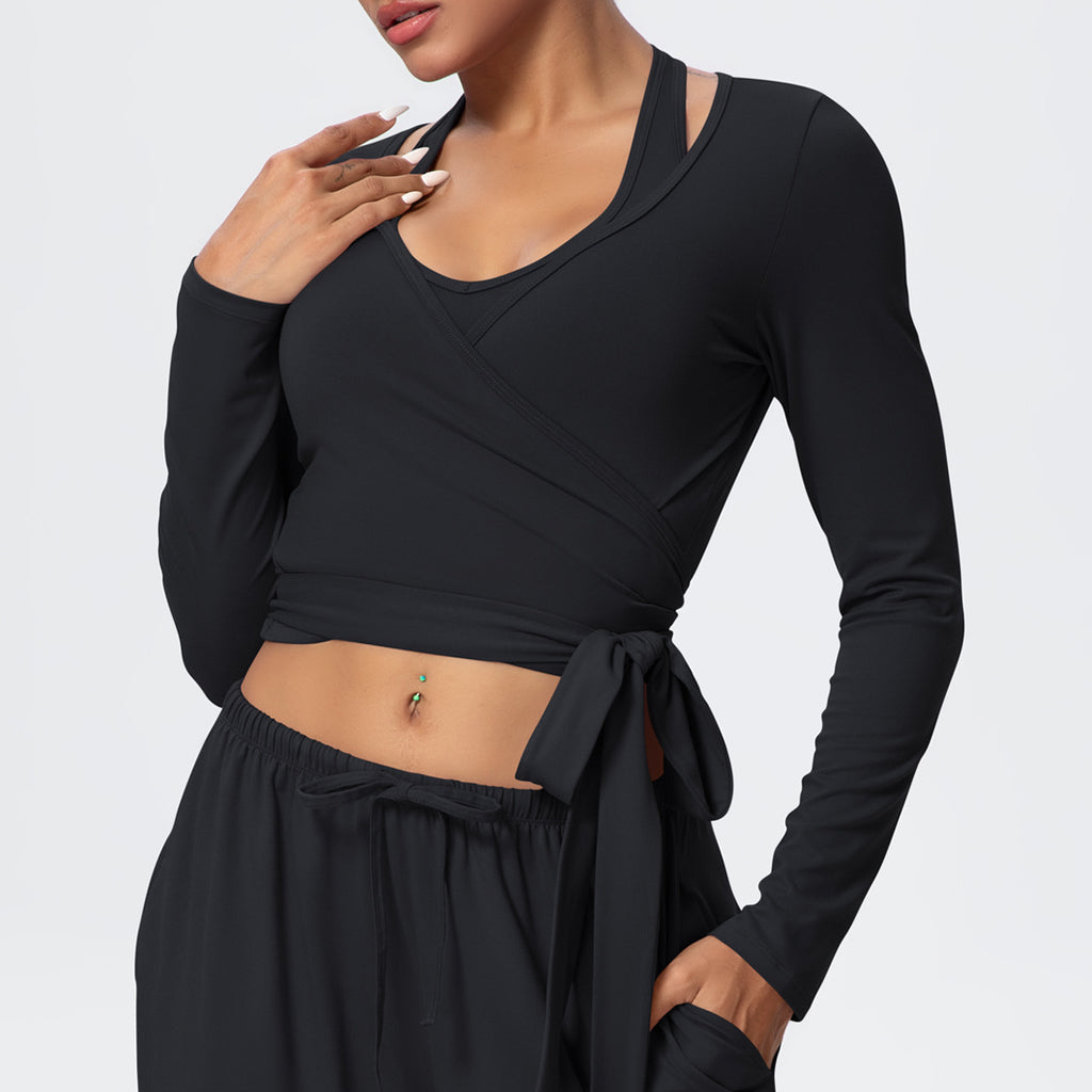 Cropped Long Sleeve Wrap Top with Waist Tie - Black - 2