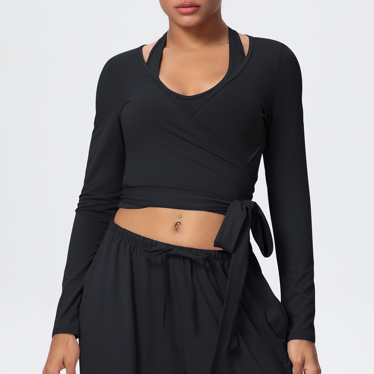 Cropped Long Sleeve Wrap Top with Waist Tie - Black - 3