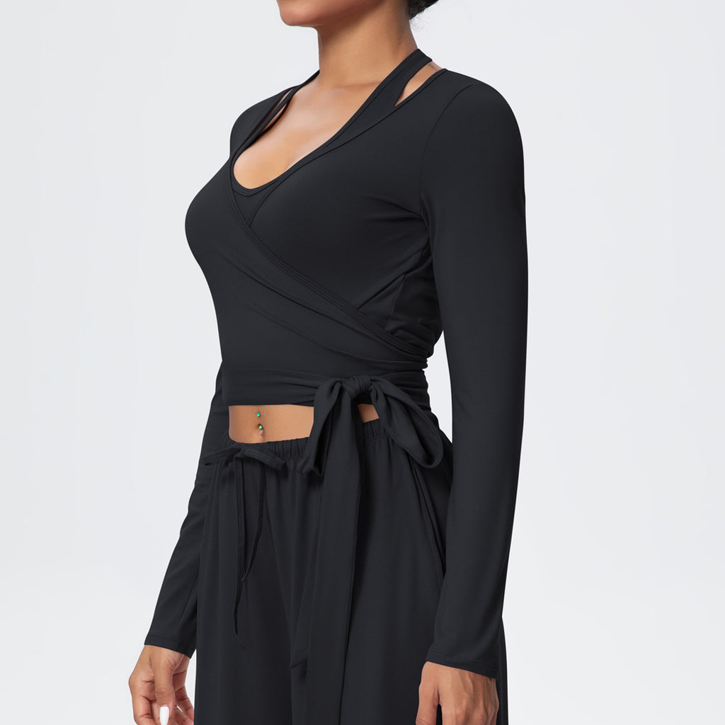 Cropped Long Sleeve Wrap Top with Waist Tie - Black - 7
