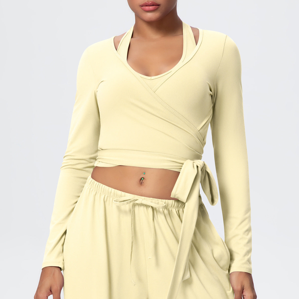 Cropped Long Sleeve Wrap Top with Waist Tie - Butter