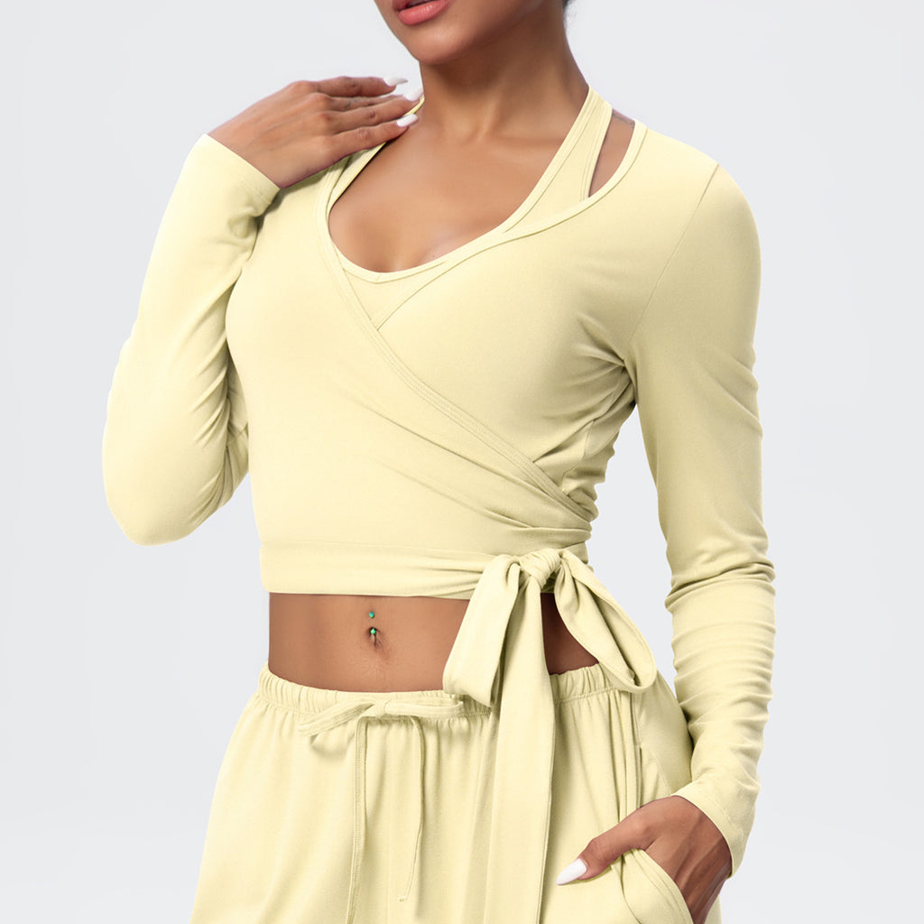 Cropped Long Sleeve Wrap Top with Waist Tie - Butter - 1