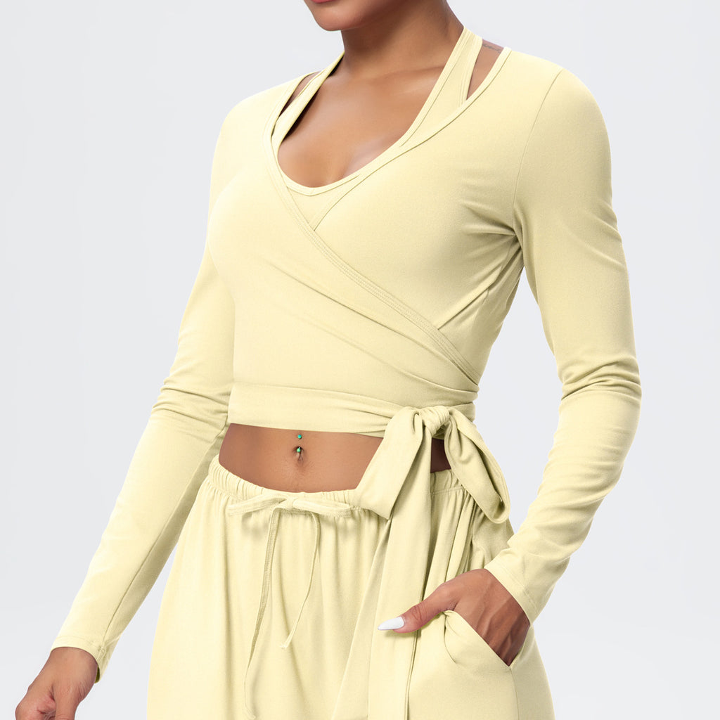 Cropped Long Sleeve Wrap Top with Waist Tie - Butter - 5