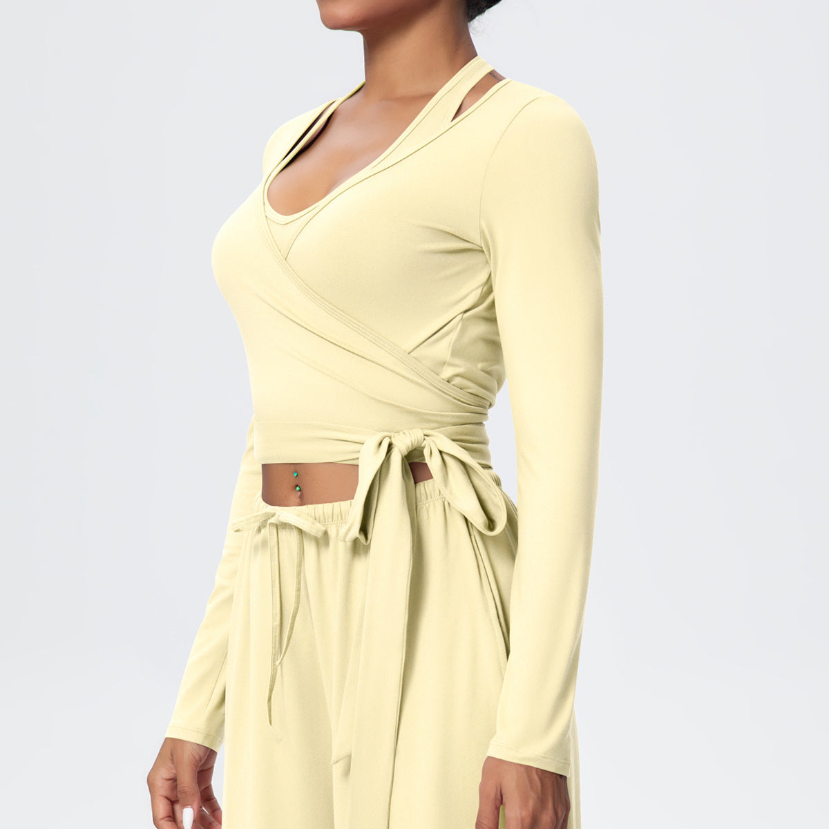 Cropped Long Sleeve Wrap Top with Waist Tie - Butter - 8
