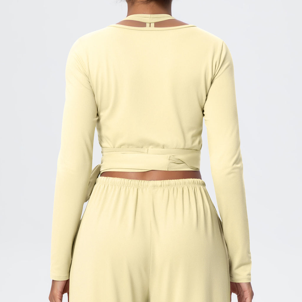 Cropped Long Sleeve Wrap Top with Waist Tie - Butter - 9