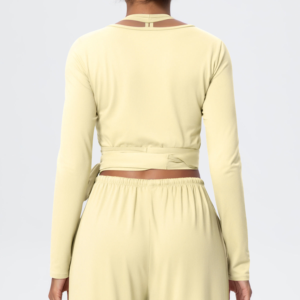 Cropped Long Sleeve Wrap Top with Waist Tie - Butter - 9