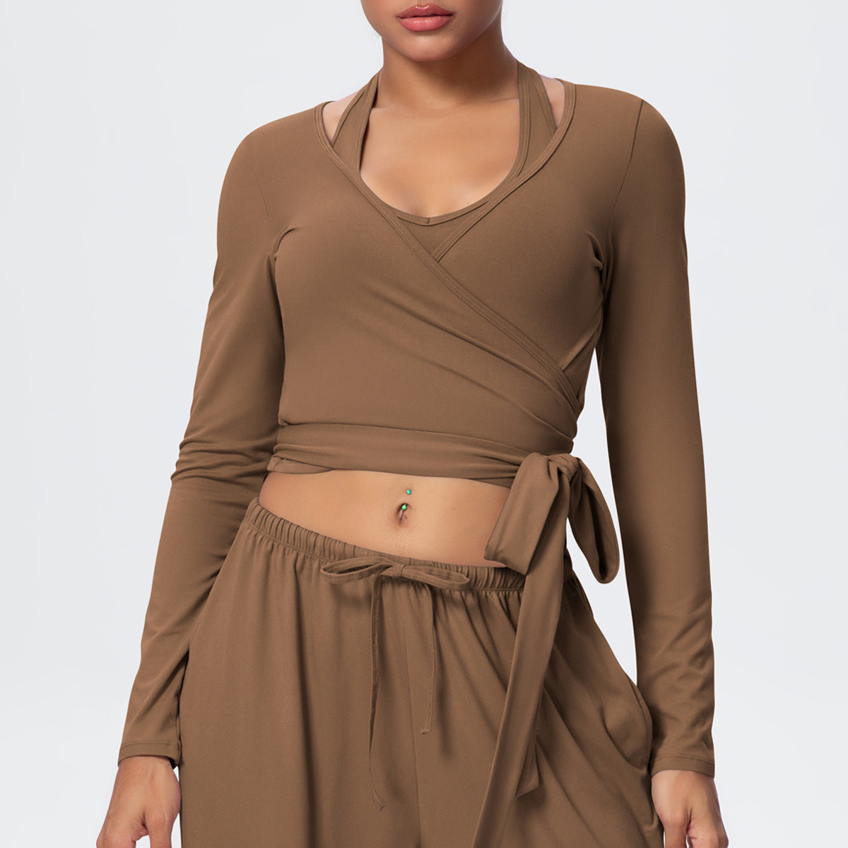 Cropped Long Sleeve Wrap Top with Waist Tie - Coffee