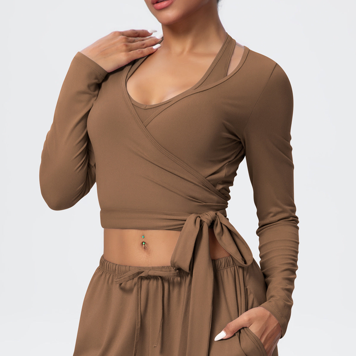Cropped Long Sleeve Wrap Top with Waist Tie - Coffee - 1