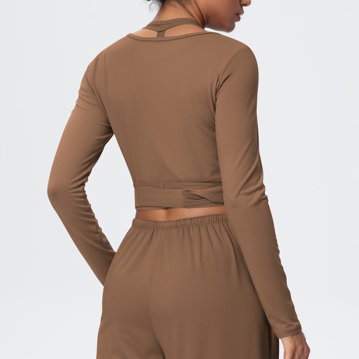 Cropped Long Sleeve Wrap Top with Waist Tie - Coffee - 10