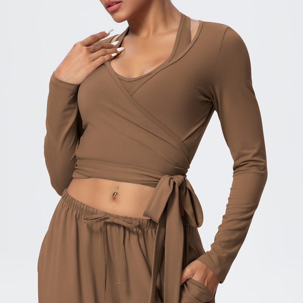 Cropped Long Sleeve Wrap Top with Waist Tie - Coffee - 2