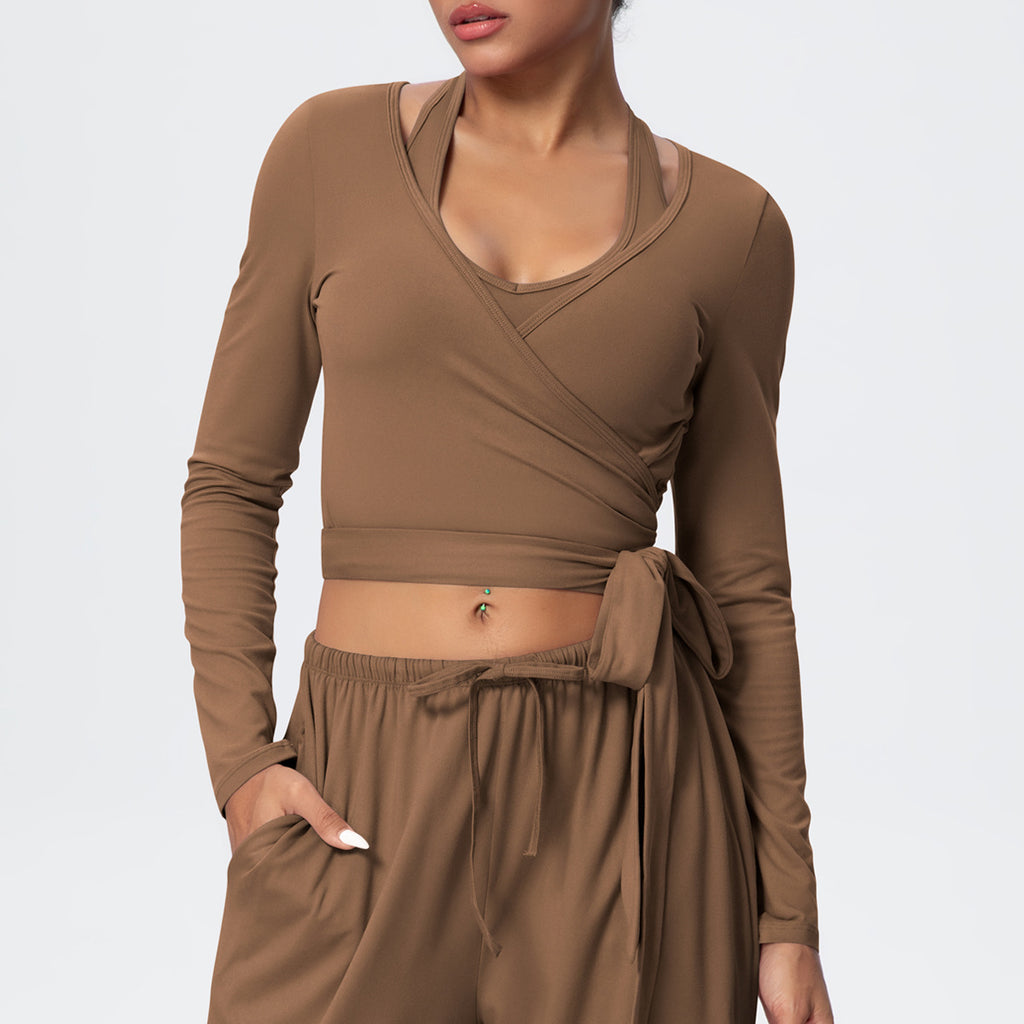 Cropped Long Sleeve Wrap Top with Waist Tie - Coffee - 4