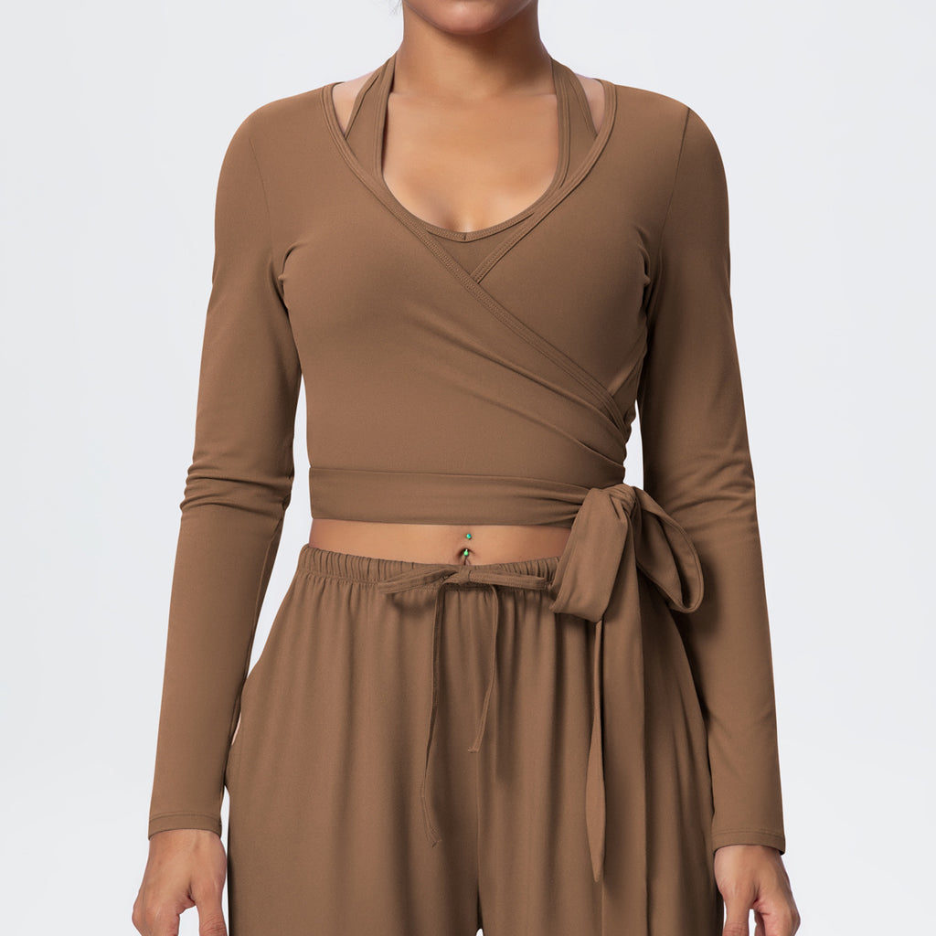 Cropped Long Sleeve Wrap Top with Waist Tie - Coffee - 7