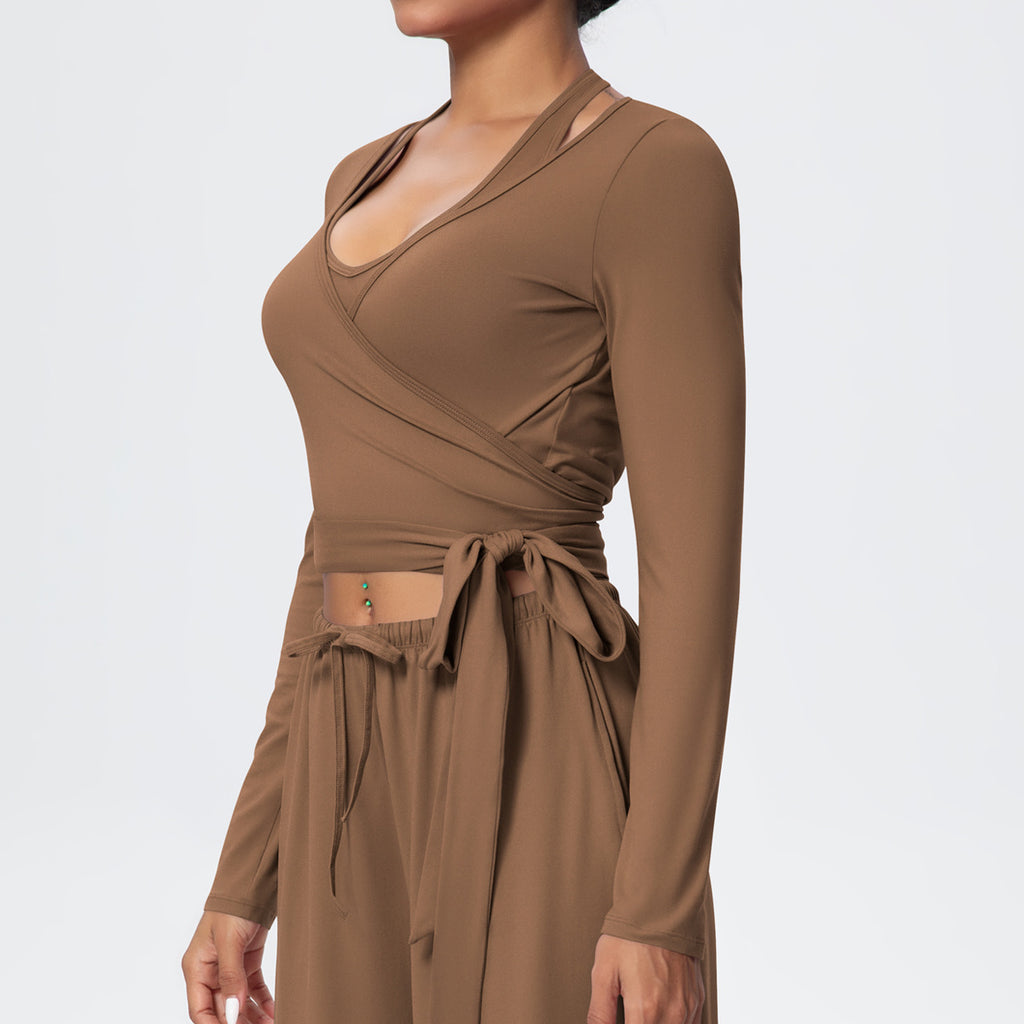 Cropped Long Sleeve Wrap Top with Waist Tie - Coffee - 8