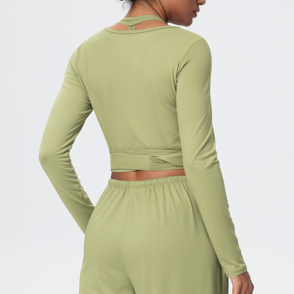 Cropped Long Sleeve Wrap Top with Waist Tie - Green - 10