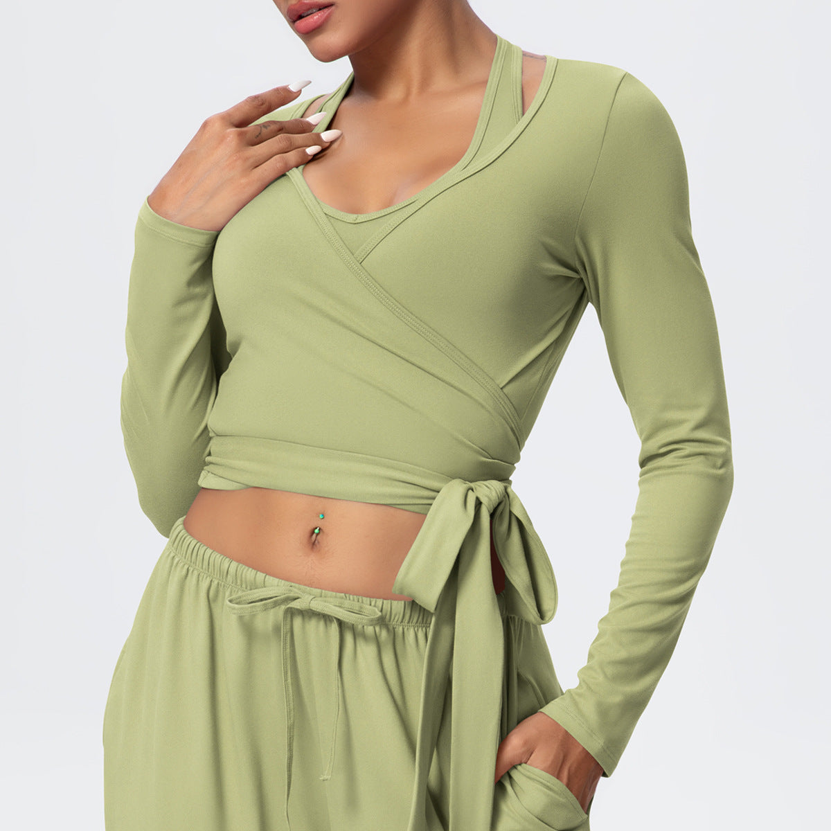 Cropped Long Sleeve Wrap Top with Waist Tie - Green - 2