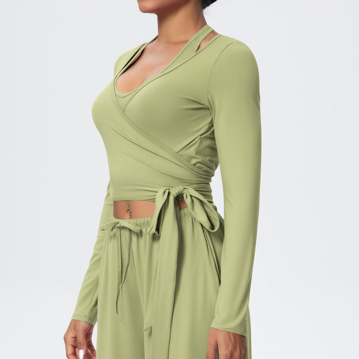 Cropped Long Sleeve Wrap Top with Waist Tie - Green - 8