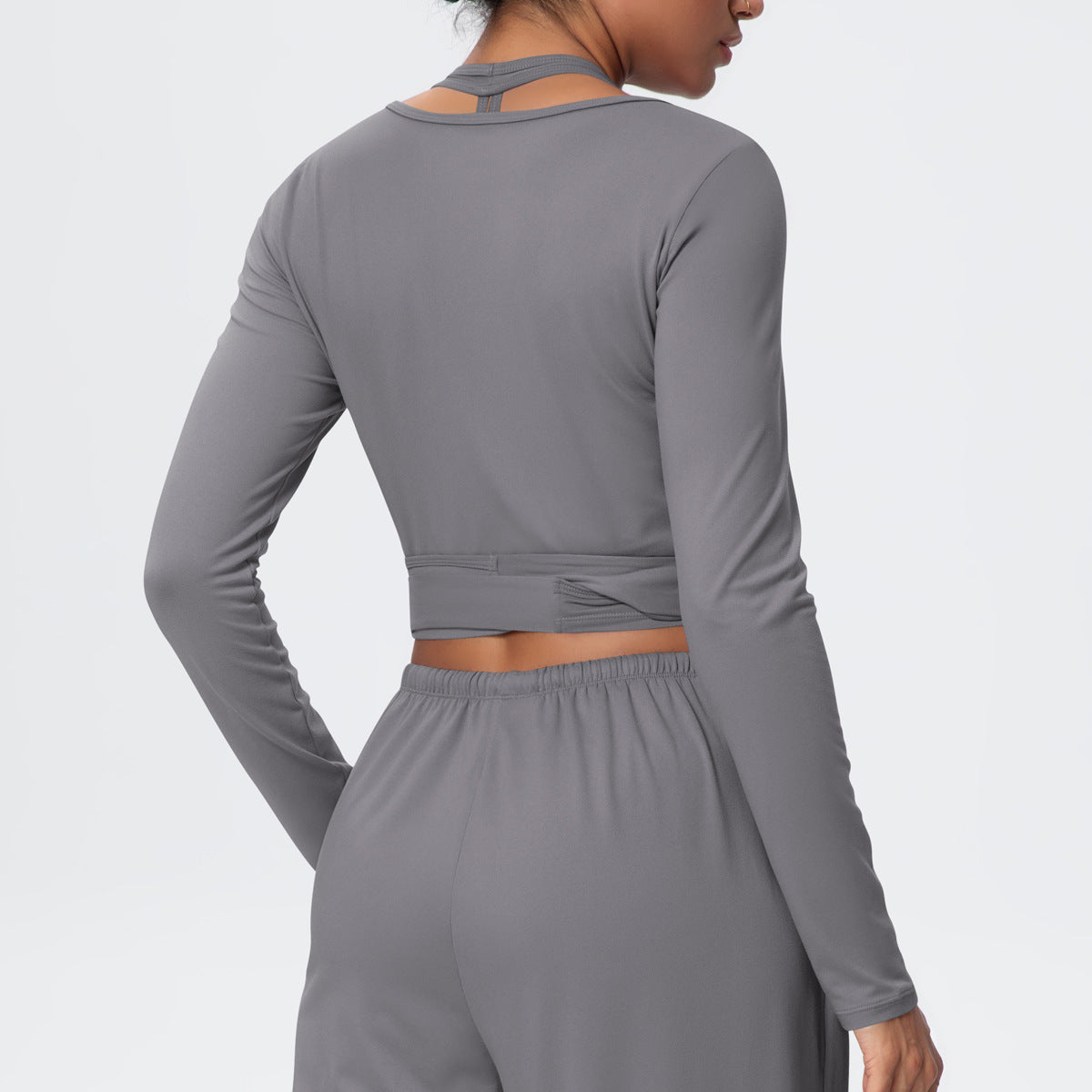 Cropped Long Sleeve Wrap Top with Waist Tie - Grey - 10