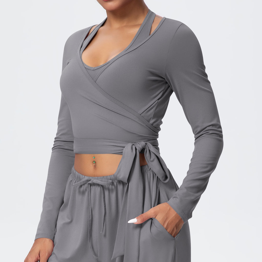 Cropped Long Sleeve Wrap Top with Waist Tie - Grey - 6