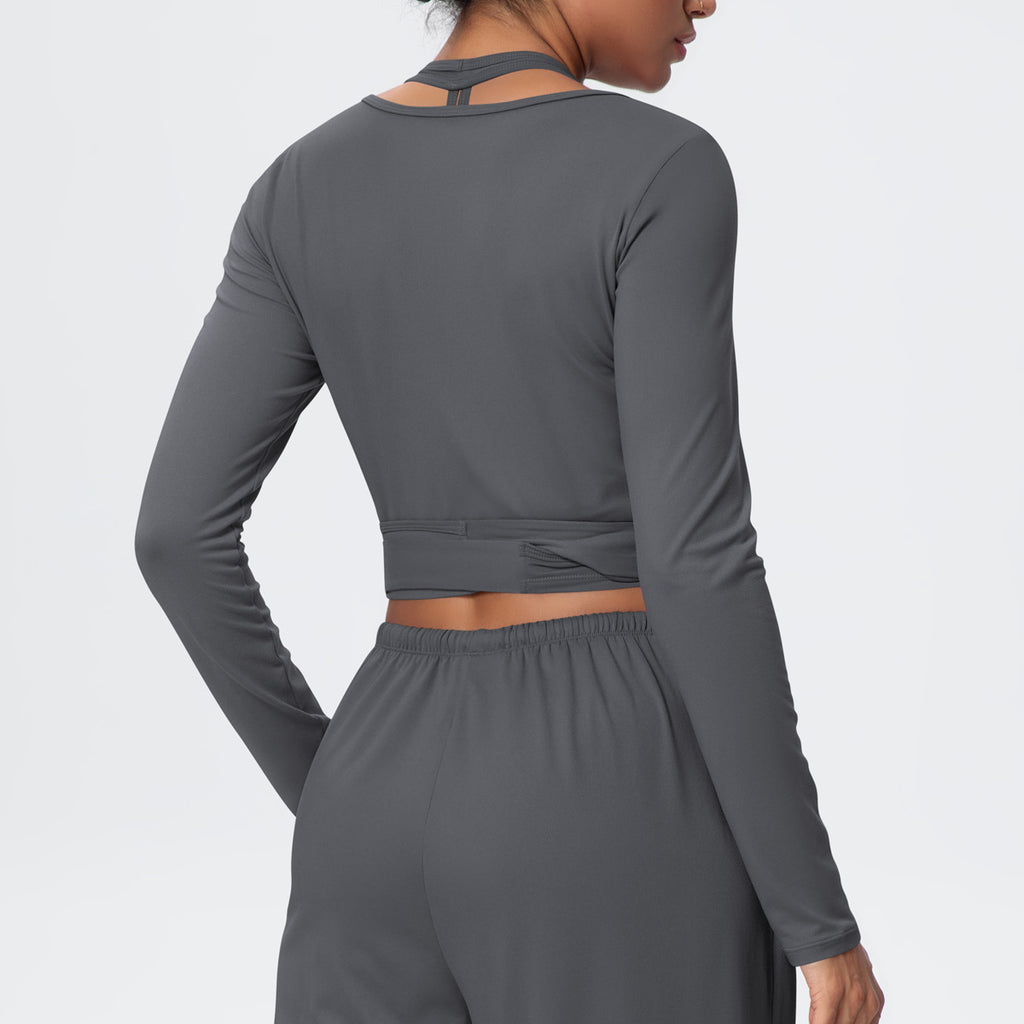 Cropped Long Sleeve Wrap Top with Waist Tie - Pepper - 10