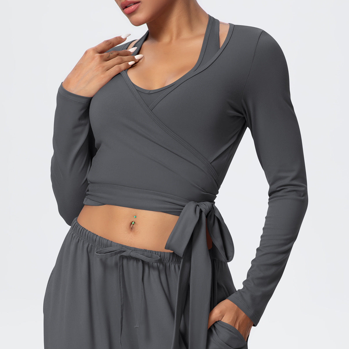 Cropped Long Sleeve Wrap Top with Waist Tie - Pepper - 2