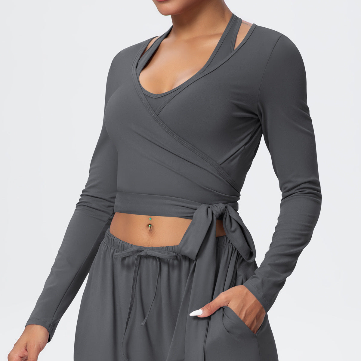Cropped Long Sleeve Wrap Top with Waist Tie - Pepper - 5