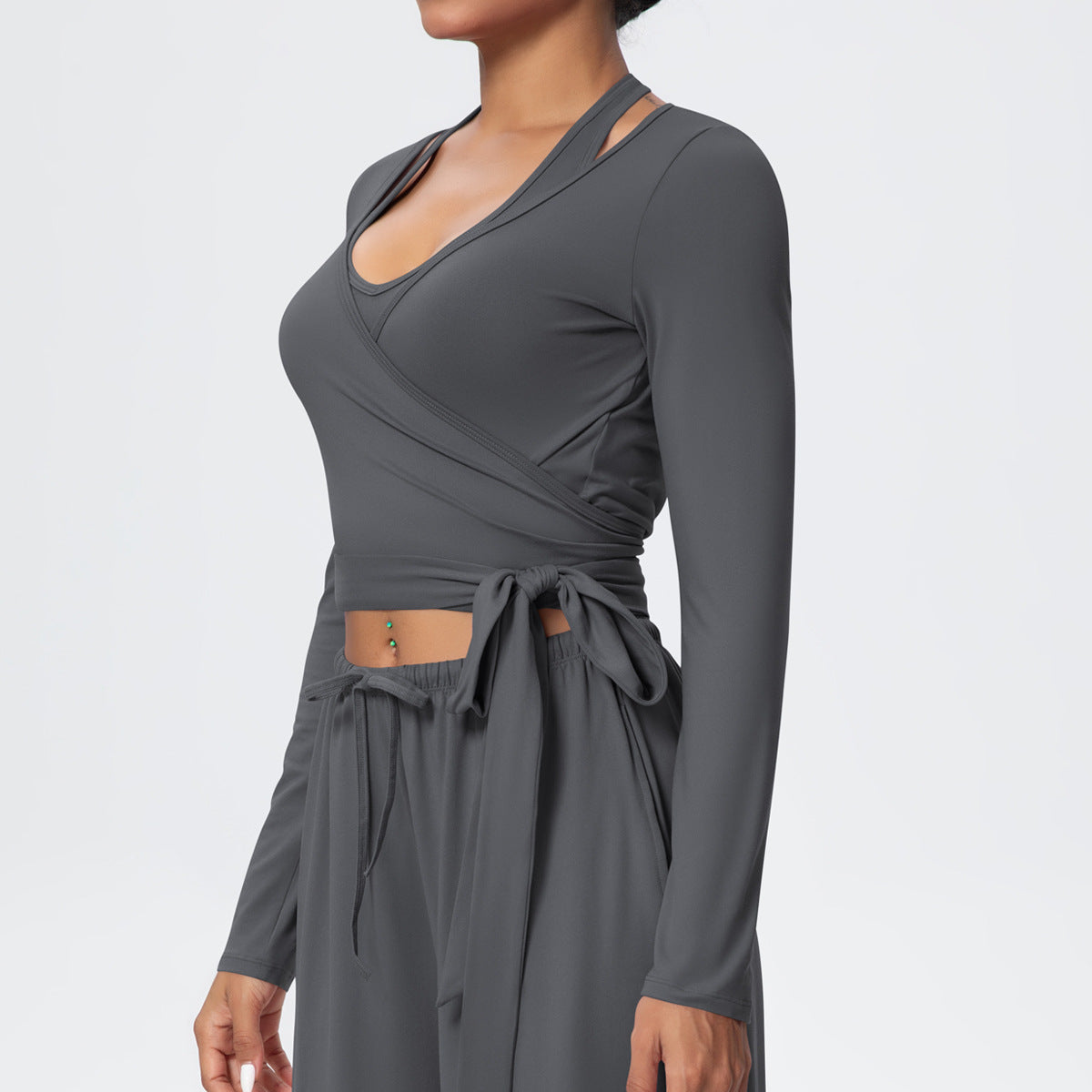 Cropped Long Sleeve Wrap Top with Waist Tie - Pepper - 8