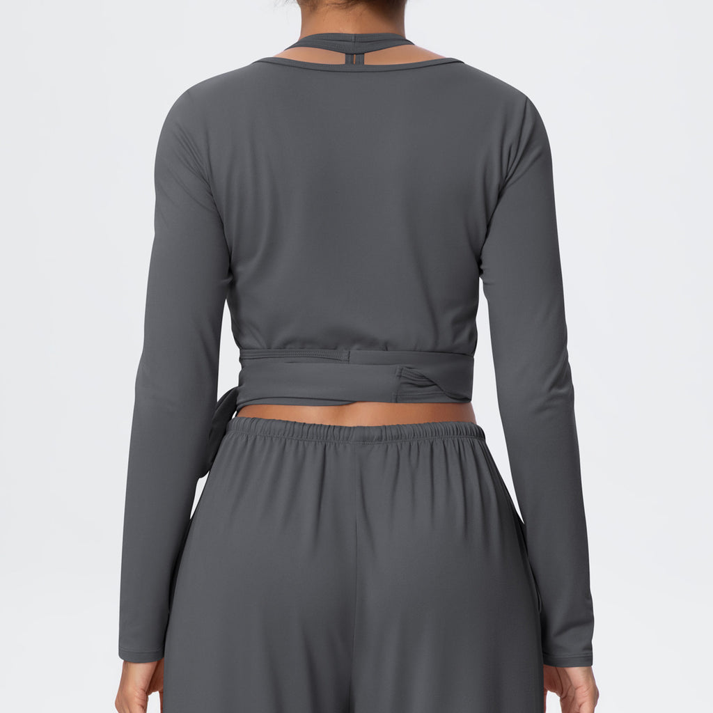 Cropped Long Sleeve Wrap Top with Waist Tie - Pepper - 9