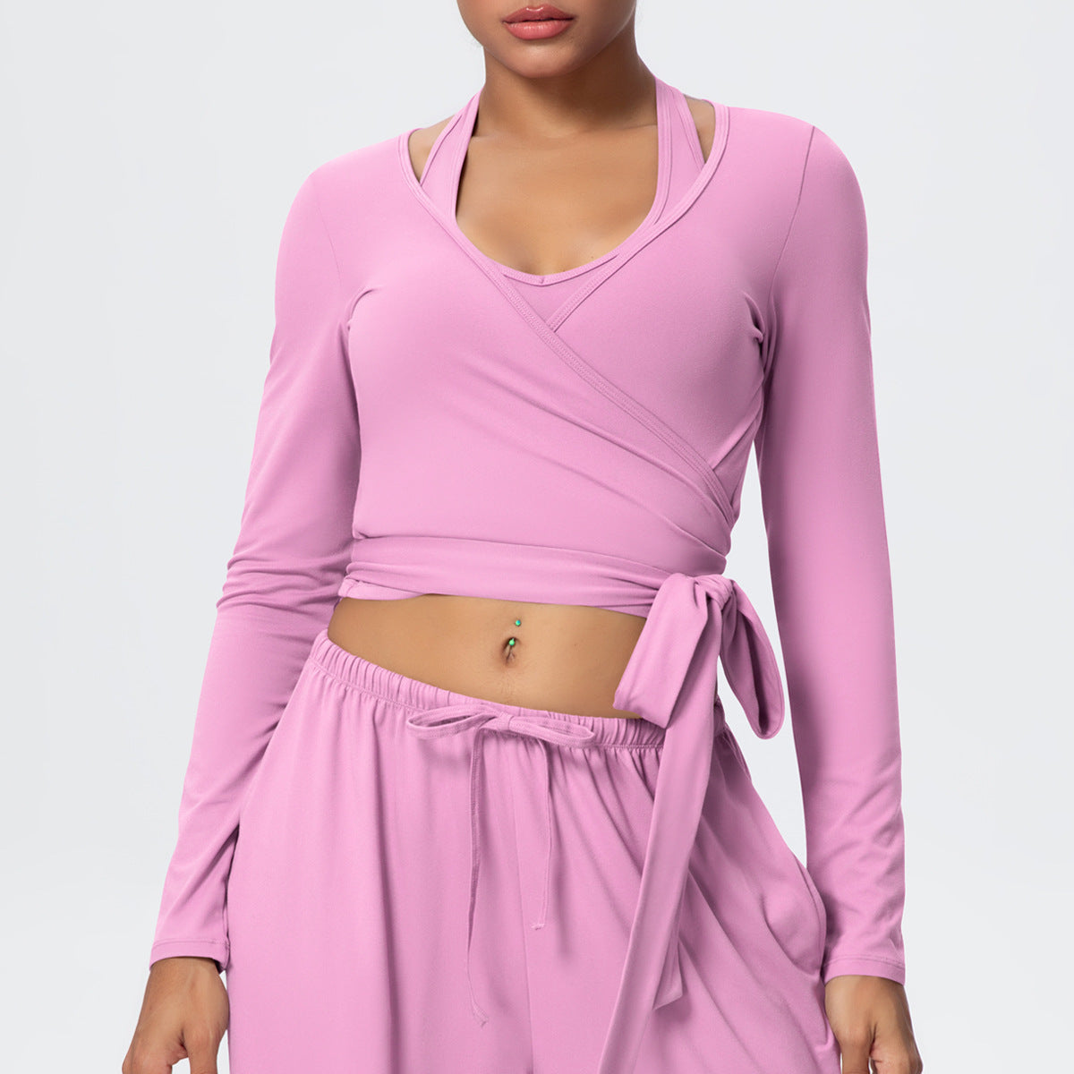 Cropped Long Sleeve Wrap Top with Waist Tie - Pink