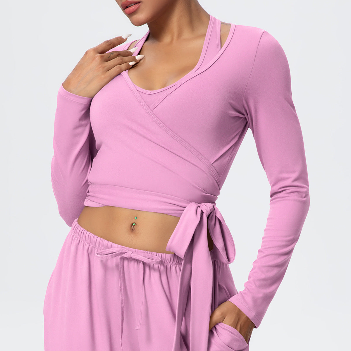 Cropped Long Sleeve Wrap Top with Waist Tie - Pink - 2