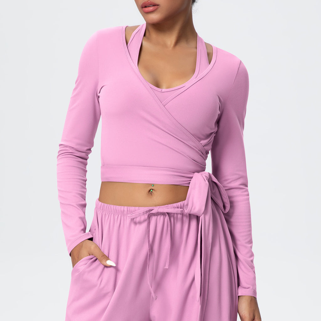 Cropped Long Sleeve Wrap Top with Waist Tie - Pink - 4