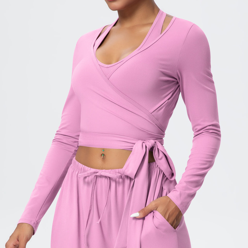 Cropped Long Sleeve Wrap Top with Waist Tie - Pink - 5