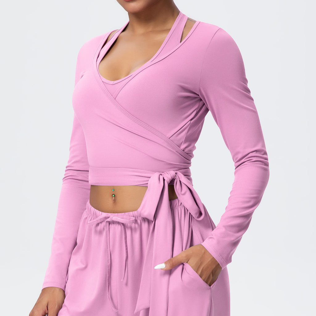 Cropped Long Sleeve Wrap Top with Waist Tie - Pink - 6