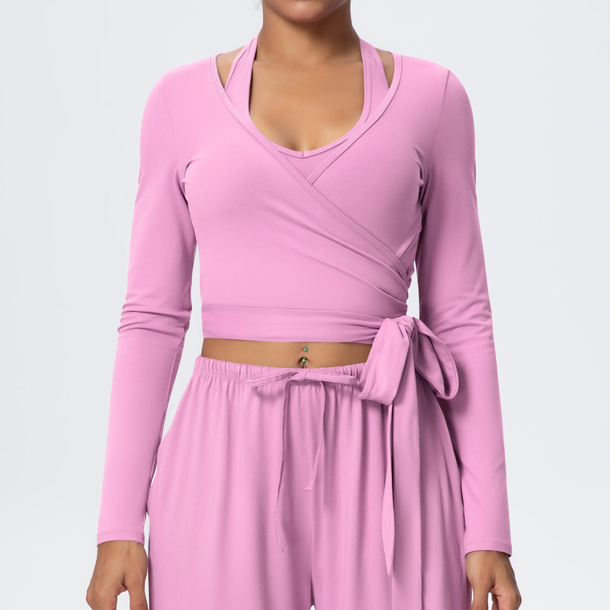 Cropped Long Sleeve Wrap Top with Waist Tie - Pink - 7
