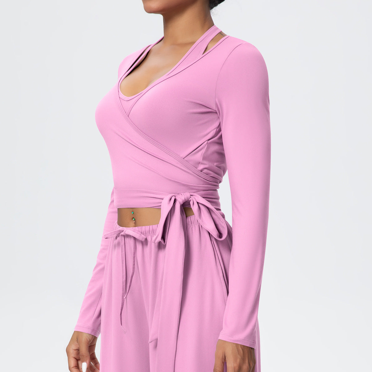 Cropped Long Sleeve Wrap Top with Waist Tie - Pink - 8