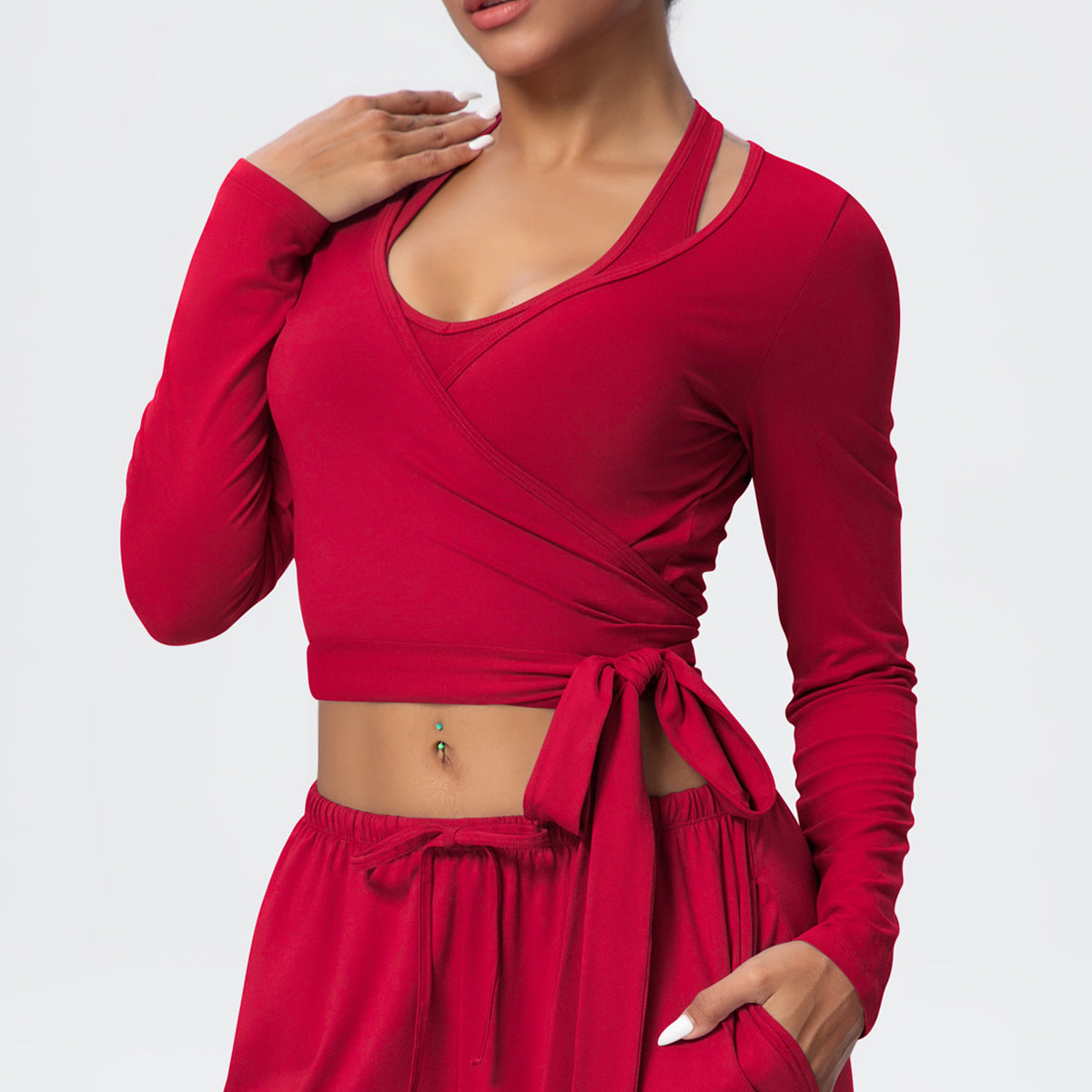 Cropped Long Sleeve Wrap Top with Waist Tie - Red - 1