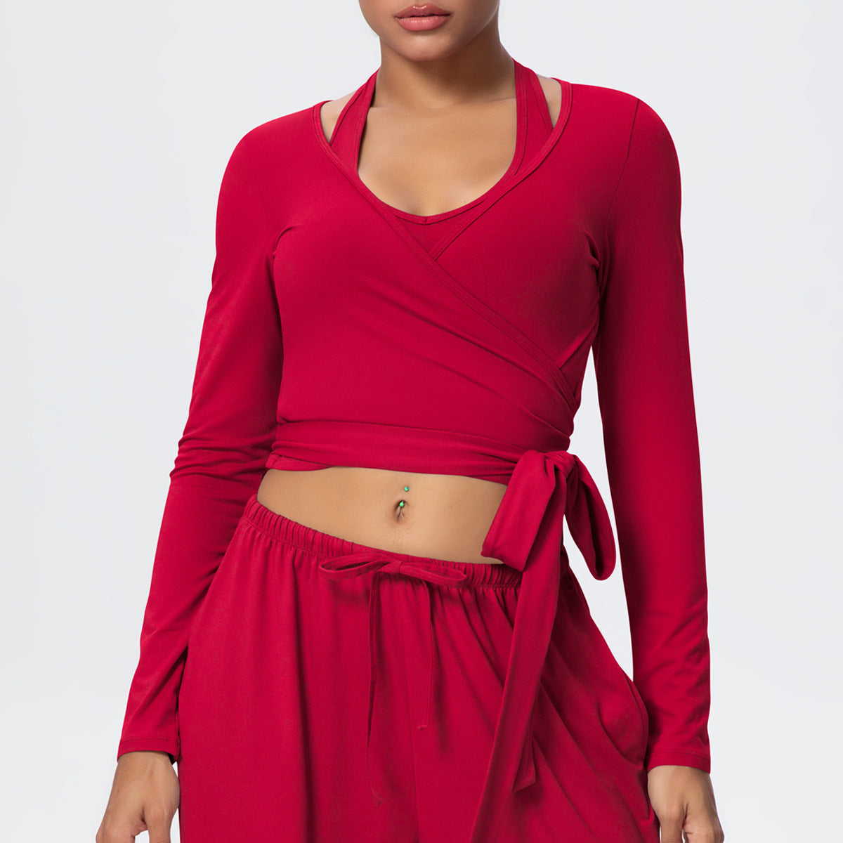Cropped Long Sleeve Wrap Top with Waist Tie - Red - 4