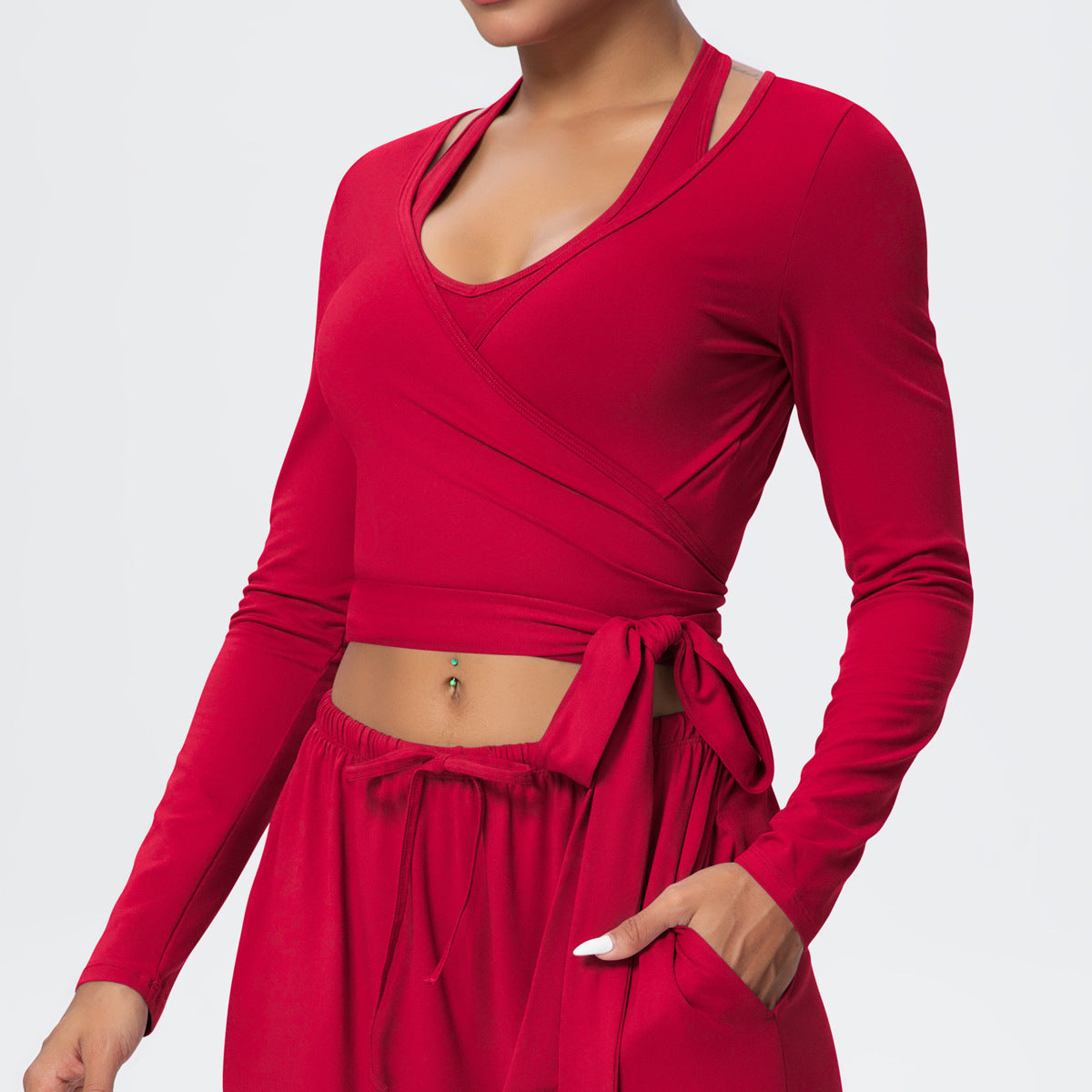 Cropped Long Sleeve Wrap Top with Waist Tie - Red - 5