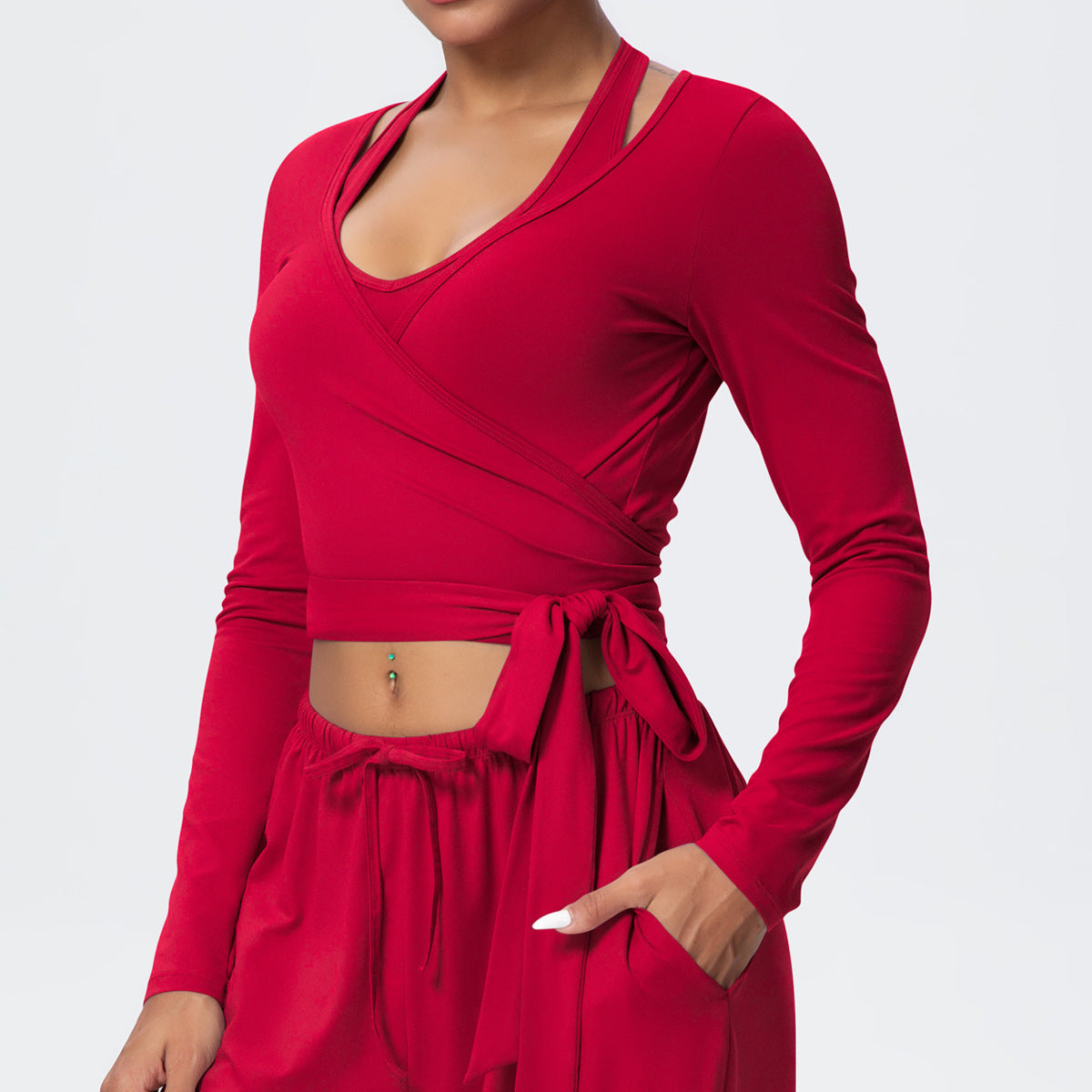 Cropped Long Sleeve Wrap Top with Waist Tie - Red - 6