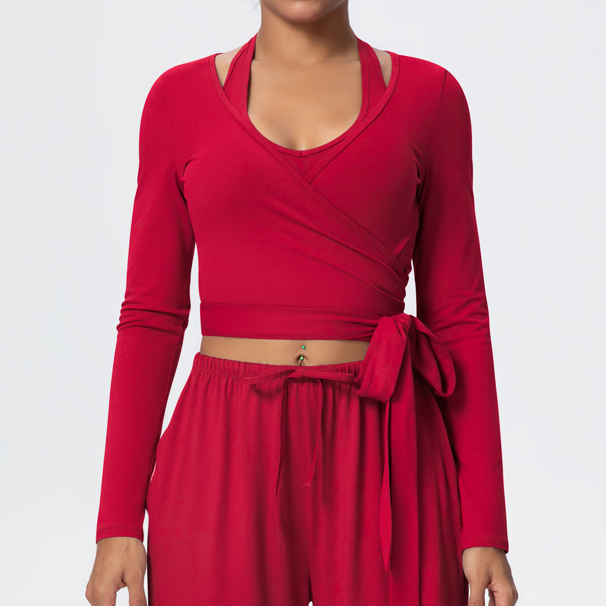 Cropped Long Sleeve Wrap Top with Waist Tie - Red - 8