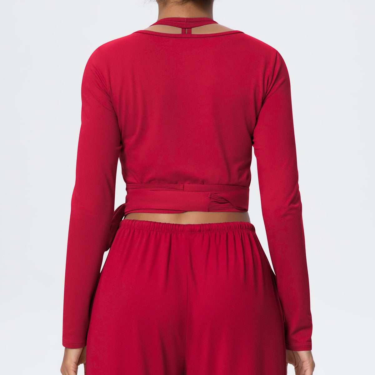 Cropped Long Sleeve Wrap Top with Waist Tie - Red - 9
