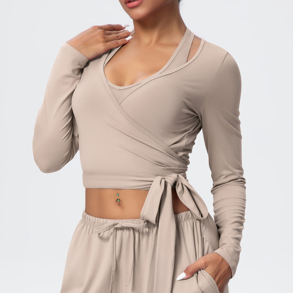Cropped Long Sleeve Wrap Top with Waist Tie - Sand - 1