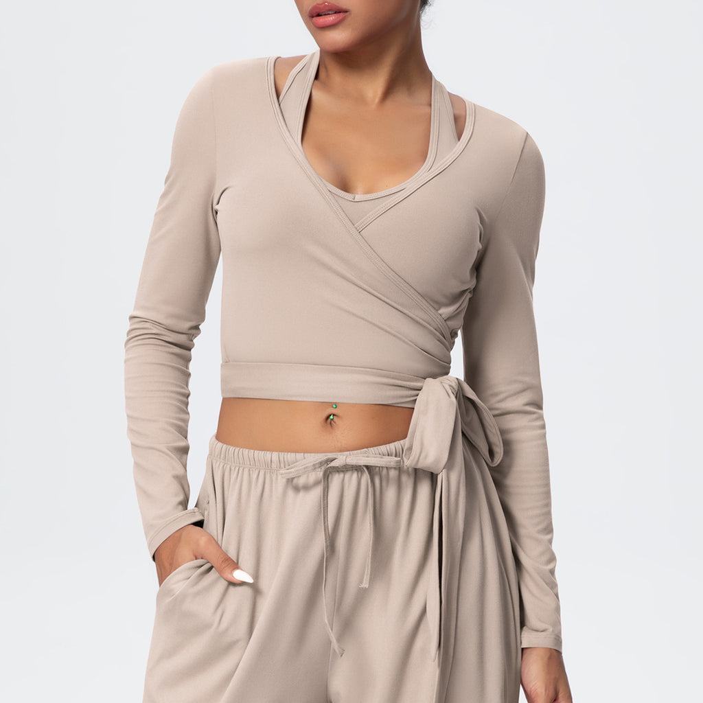 Cropped Long Sleeve Wrap Top with Waist Tie - Sand - 4