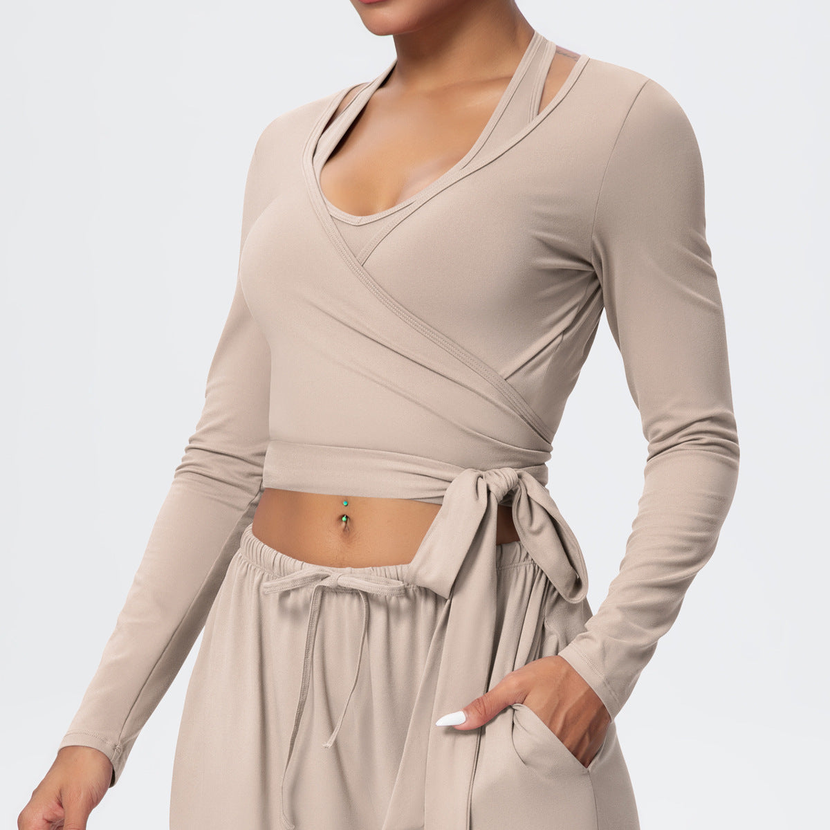 Cropped Long Sleeve Wrap Top with Waist Tie - Sand - 5