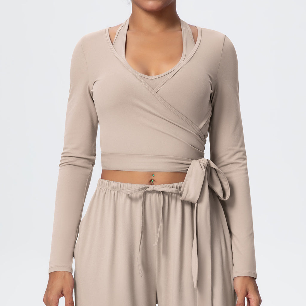 Cropped Long Sleeve Wrap Top with Waist Tie - Sand - 7